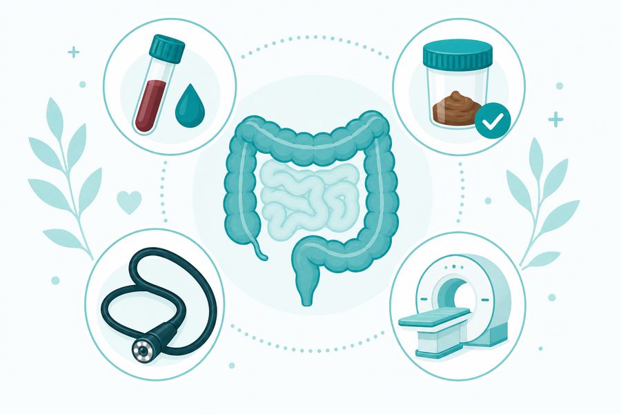 Illustration showing IBD diagnostic tools including blood tests, stool tests, colonoscopy and MRI