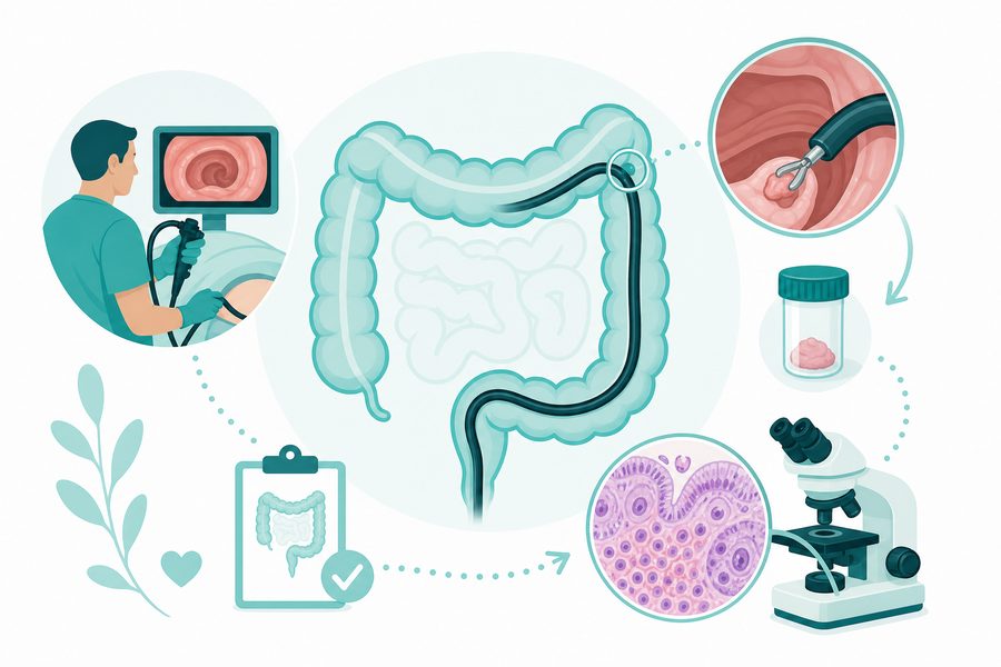Illustration showing the diagnostic process for Microscopic Colitis