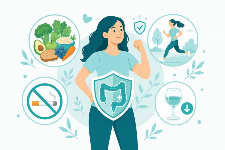 Illustration showing bowel cancer prevention through healthy lifestyle