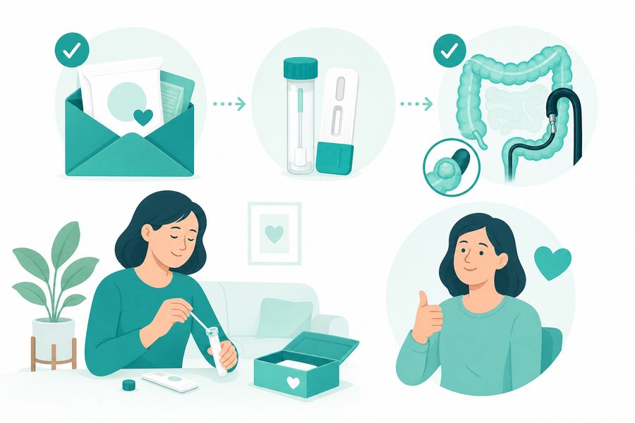 Illustration showing the bowel cancer screening process
