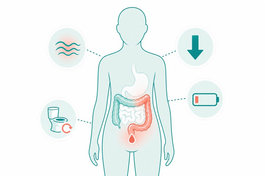 Body silhouette showing common Colorectal Cancer symptoms