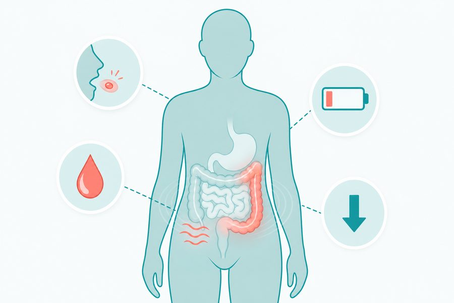 Body silhouette showing common Crohn's symptoms
