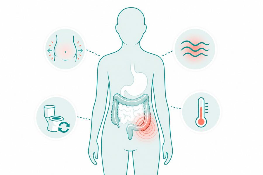 Body silhouette showing common Diverticular Disease symptoms