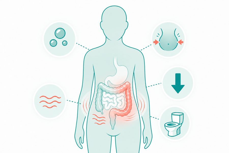 Body silhouette showing common IBS symptoms