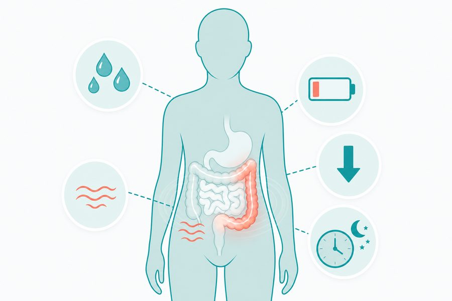 Body silhouette showing common Microscopic Colitis symptoms