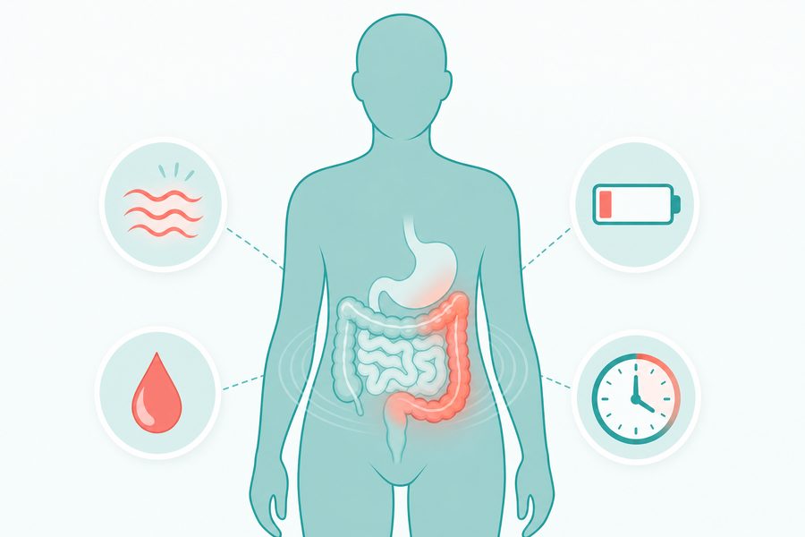 Body silhouette showing common UC symptoms