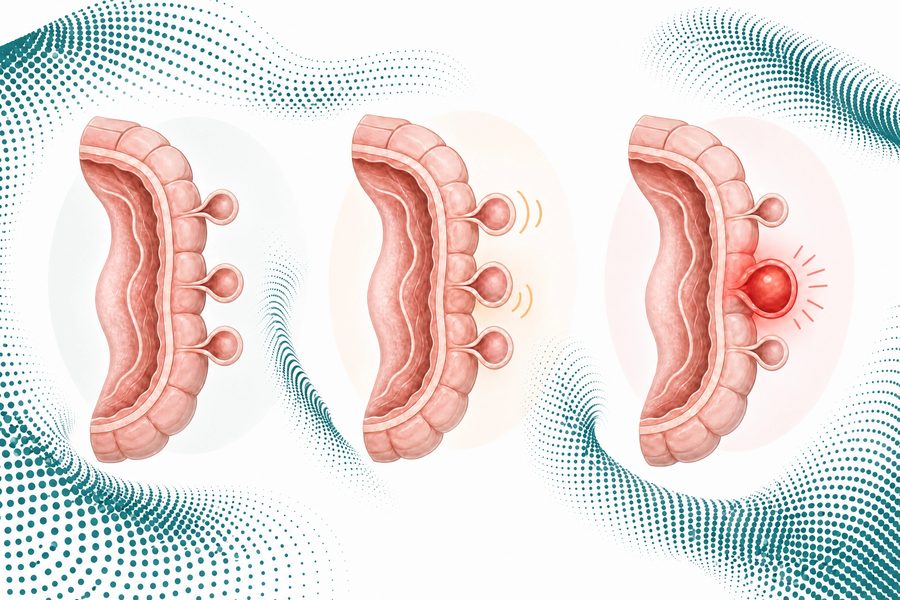 Illustration showing the three stages: diverticulosis, diverticular disease, diverticulitis