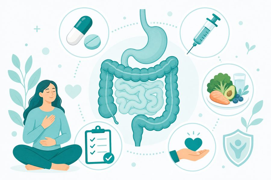 Illustration showing IBD treatment approaches including medication, biologics, diet and wellbeing support