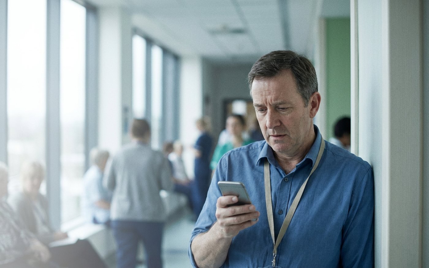 A doctor with a lanyard pausing against the wall of a bright hospital corridor to read something on a phone